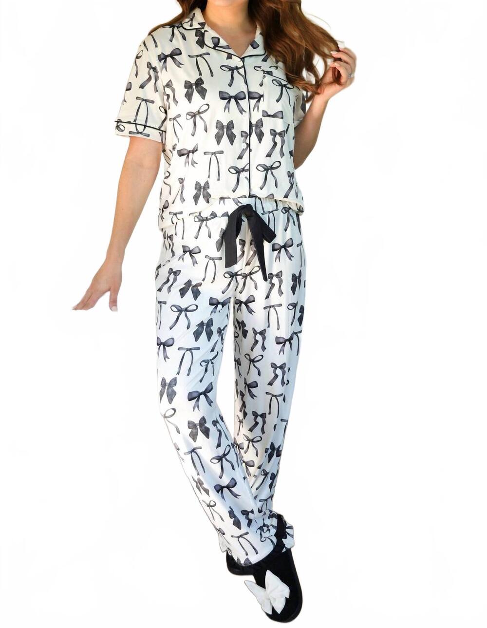 NEW JESS LEA women's midnight bow pant ruffle pajama set in white